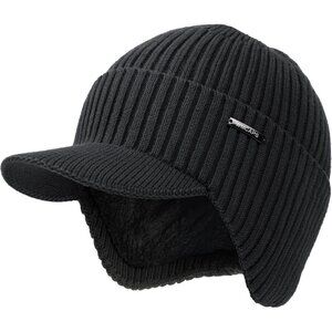 Men & Women Dark Gray Beanie with Brim and Ear Flaps Fleece-Lined Hat
